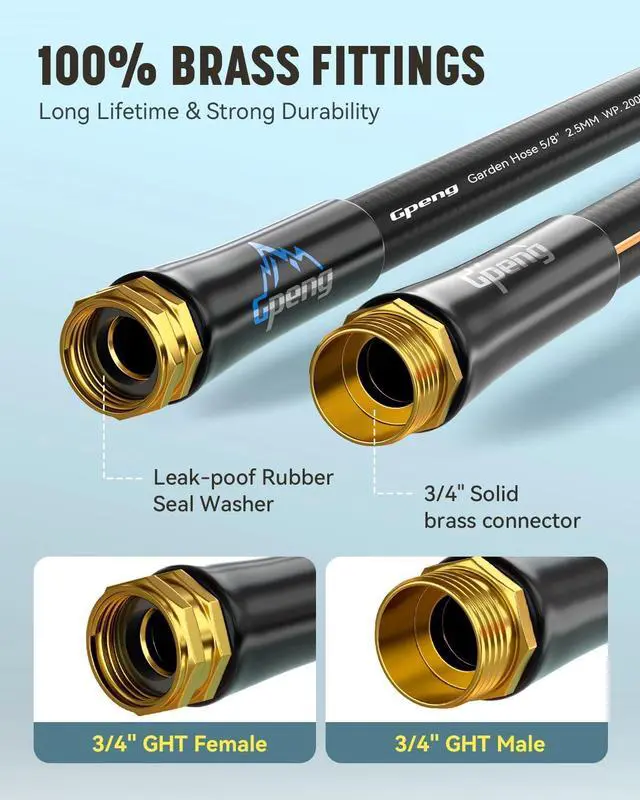 Alt view image 3 of 7 - Heavy Duty Garden Hose, 100ft x 5/8" Water Hose, Flexible Hybrid Hose with 10-Pattern Spray Nozzle, Swivel Handle, Male to Female Fittings, Burst 600 PSI