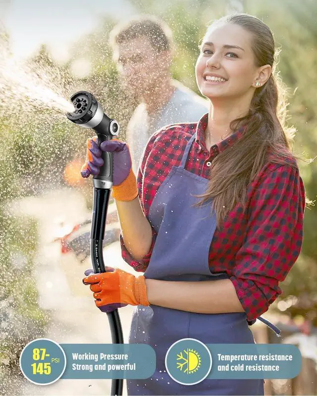 Alt view image 6 of 7 - Heavy Duty Garden Hose, 100ft x 5/8" Water Hose, Flexible Hybrid Hose with 10-Pattern Spray Nozzle, Swivel Handle, Male to Female Fittings, Burst 600 PSI