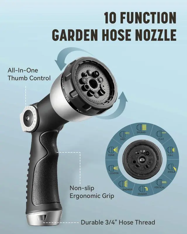 Alt view image 5 of 7 - Heavy Duty Garden Hose, 100ft x 5/8" Water Hose, Flexible Hybrid Hose with 10-Pattern Spray Nozzle, Swivel Handle, Male to Female Fittings, Burst 600 PSI