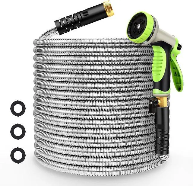 Main image of Metal Garden Hose 100ft Flexible Water Hose Stainless Steel Heavy Duty Lightweight Durable Strong Kink Free Extra Long Hose Pipe with 10 Way Nozzle for Outdoor Outside Lawn Yard