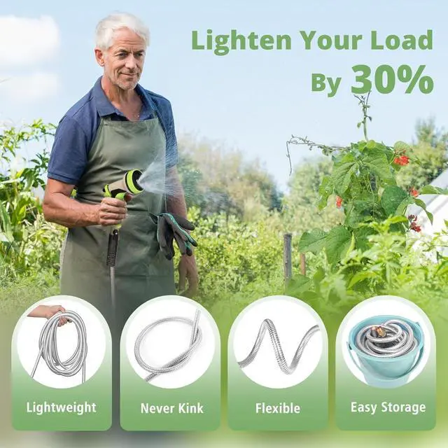 Alt view image 3 of 7 - Metal Garden Hose 100ft Flexible Water Hose Stainless Steel Heavy Duty Lightweight Durable Strong Kink Free Extra Long Hose Pipe with 10 Way Nozzle for Outdoor Outside Lawn Yard