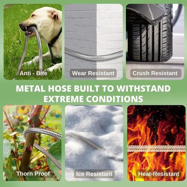 Alt view image 4 of 7 - Metal Garden Hose 100ft Flexible Water Hose Stainless Steel Heavy Duty Lightweight Durable Strong Kink Free Extra Long Hose Pipe with 10 Way Nozzle for Outdoor Outside Lawn Yard