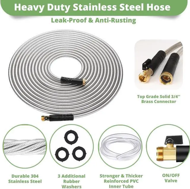 Alt view image 5 of 7 - Metal Garden Hose 100ft Flexible Water Hose Stainless Steel Heavy Duty Lightweight Durable Strong Kink Free Extra Long Hose Pipe with 10 Way Nozzle for Outdoor Outside Lawn Yard