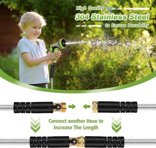 Alt view image 6 of 7 - Metal Garden Hose 100ft Flexible Water Hose Stainless Steel Heavy Duty Lightweight Durable Strong Kink Free Extra Long Hose Pipe with 10 Way Nozzle for Outdoor Outside Lawn Yard