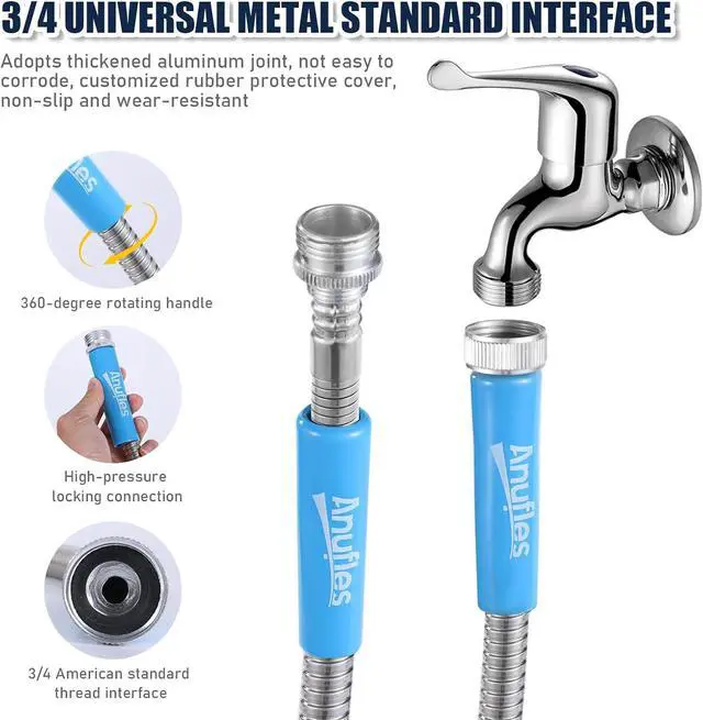 Alt view image 3 of 7 - Metal Garden Hose 50FT - Upgraded Kink Free and Rust Resistant Design, Stainless Steel Garden Hose With Solid Fitting and 10-Function Nozzle, Durable and Lightweight Outdoor Hose, Easy To Store