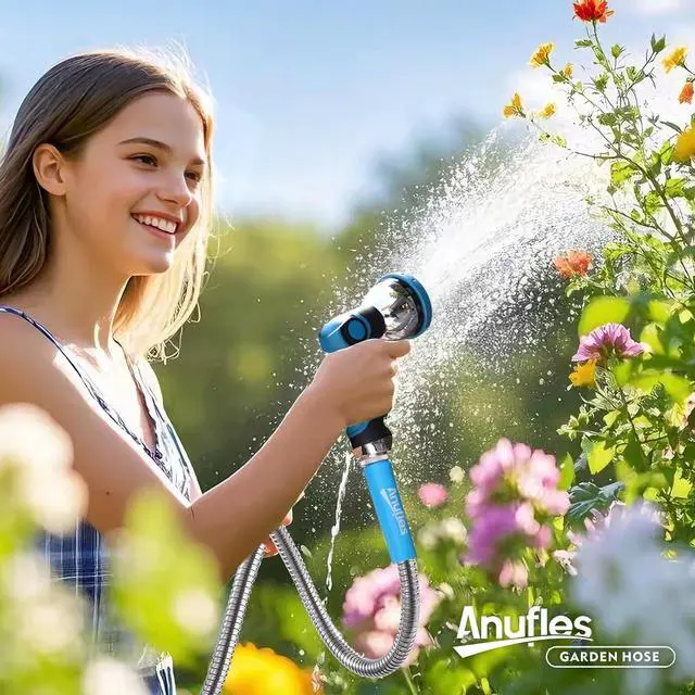 Alt view image 7 of 7 - Metal Garden Hose 50FT - Upgraded Kink Free and Rust Resistant Design, Stainless Steel Garden Hose With Solid Fitting and 10-Function Nozzle, Durable and Lightweight Outdoor Hose, Easy To Store