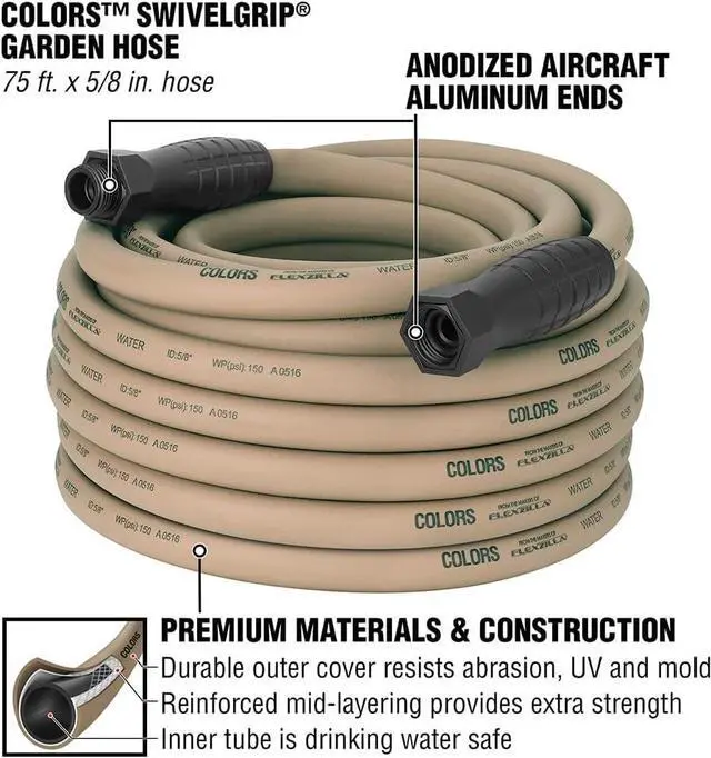 Alt view image 3 of 7 - Flexzilla Colors SwivelGrip® Garden Hose, 5/8" x 75', 3/4" - 11 1/2 GHT Fittings, Brown Mulch