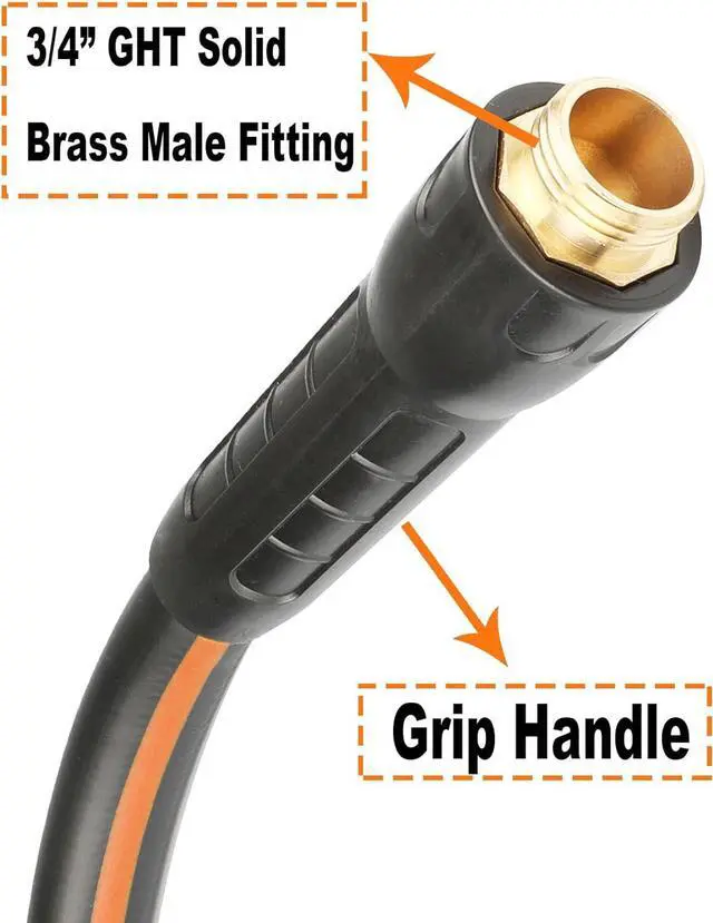 Alt view image 4 of 6 - Hybrid Garden Hose 5/8 IN. x 25 FT, Heavy Duty, Lightweight, Flexible with Rotatable Grip Handle and Solid Brass Fittings, Gray+Orange
