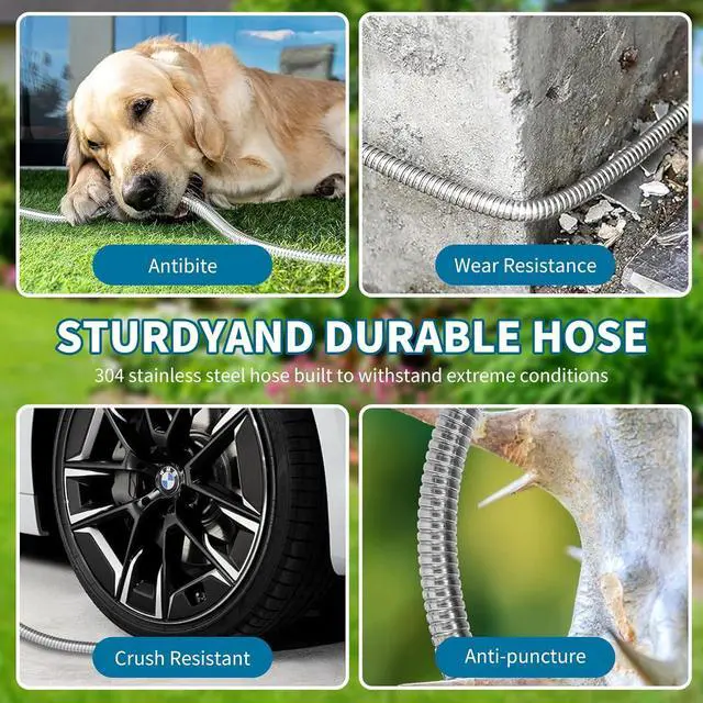 Alt view image 4 of 7 - Stainless Steel 25FT Garden Hose with 10 Functions, Adjustable Spray Nozzle, Flexible Durable No Kink Leak Dog Proof Metal Water Hose for Yard Lawn