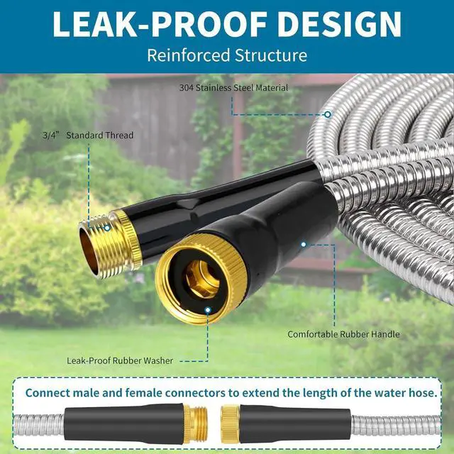 Alt view image 6 of 7 - Stainless Steel 25FT Garden Hose with 10 Functions, Adjustable Spray Nozzle, Flexible Durable No Kink Leak Dog Proof Metal Water Hose for Yard Lawn
