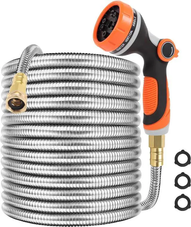 Main image of Metal Garden Hose 50 ft with 10 Function Sprayer Nozzle, Lightweight Stainless Steel Water Hose with 3/4" Solid Fittings, Flexible Kink Free Leak Proof for Yard, Patio, Outdoor & Car washing