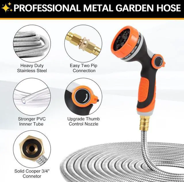 Alt view image 2 of 7 - Metal Garden Hose 50 ft with 10 Function Sprayer Nozzle, Lightweight Stainless Steel Water Hose with 3/4" Solid Fittings, Flexible Kink Free Leak Proof for Yard, Patio, Outdoor & Car washing