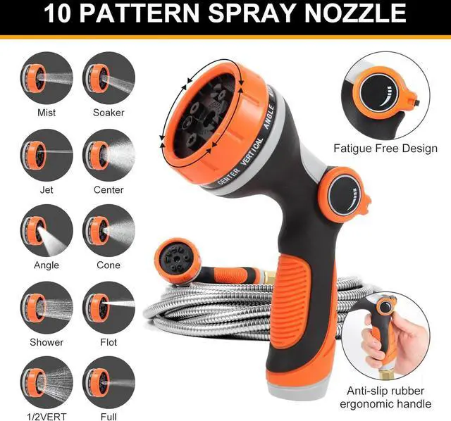 Alt view image 4 of 7 - Metal Garden Hose 50 ft with 10 Function Sprayer Nozzle, Lightweight Stainless Steel Water Hose with 3/4" Solid Fittings, Flexible Kink Free Leak Proof for Yard, Patio, Outdoor & Car washing