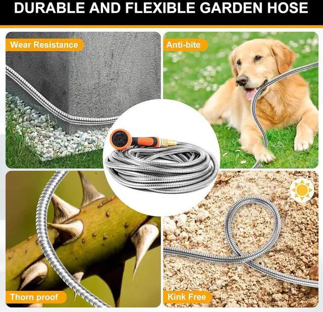 Alt view image 5 of 7 - Metal Garden Hose 50 ft with 10 Function Sprayer Nozzle, Lightweight Stainless Steel Water Hose with 3/4" Solid Fittings, Flexible Kink Free Leak Proof for Yard, Patio, Outdoor & Car washing