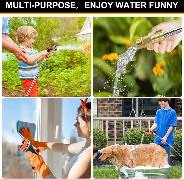 Alt view image 7 of 7 - Metal Garden Hose 50 ft with 10 Function Sprayer Nozzle, Lightweight Stainless Steel Water Hose with 3/4" Solid Fittings, Flexible Kink Free Leak Proof for Yard, Patio, Outdoor & Car washing
