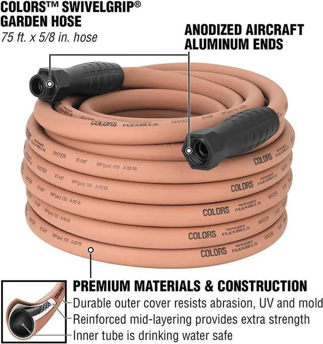 Alt view image 3 of 7 - Flexzilla Colors SwivelGrip® Garden Hose, 5/8" x 75', 3/4" - 11 1/2 GHT Fittings, Red Clay