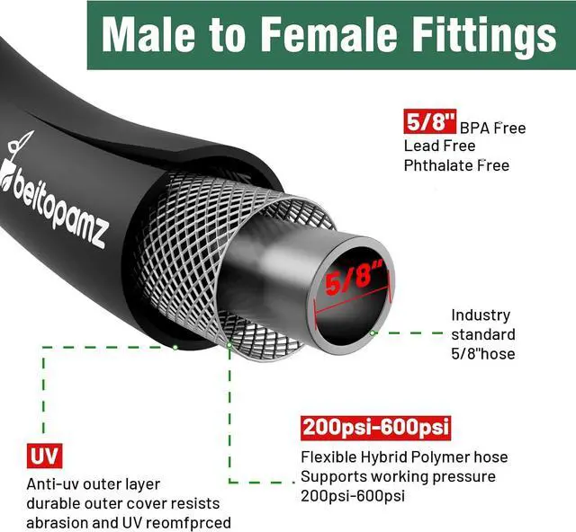Alt view image 2 of 6 - Short Garden Hose 10 ft x 5/8 in Male to Female Heavy Duty Small Water Hose Extender Connector, Lightweight Hybrid Hose Solid Fittings Leakproof Rubber Leader Hose, Drinking Water Safe Black