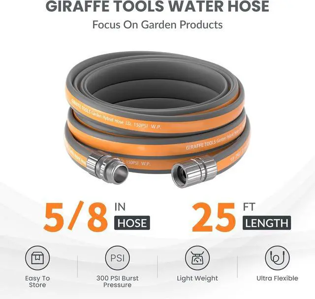 Alt view image 2 of 7 - Giraffe Tools Garden Hose 25FT, 5/8" Flexible Lay Flat Water Hose, Custom Length, Leakproof Gardening Hose with Male to Female Fitting, Lightweight Hybrid Hose Pipe for Garden & Yard