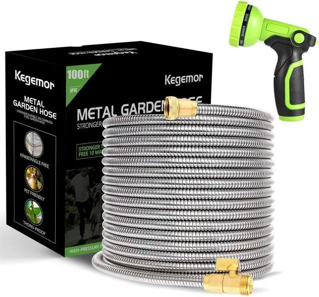 Main image of Garden Hose 100 ft-Metal Water Hose -Flexible Lightweight Outdoor Yard Strong Durable Heavy Duty 304 Stainless Steel Hose Pipe with 10-Way Nozzle, Solid 3/4" Brass Connectors, No Kink Hose