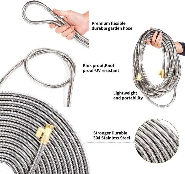 Alt view image 6 of 7 - Garden Hose 100 ft-Metal Water Hose -Flexible Lightweight Outdoor Yard Strong Durable Heavy Duty 304 Stainless Steel Hose Pipe with 10-Way Nozzle, Solid 3/4" Brass Connectors, No Kink Hose