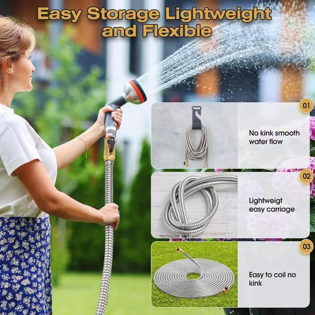 Alt view image 3 of 6 - Metal Garden Hose 60 FT, Stainless Steel Water Hose, Garden Hose Tough & Flexible, Lightweight, Crush Resistant Brass Fittings & Shut Off Valve, Kink & Tangle Free, Rust Proof (Silver, 60 FT)