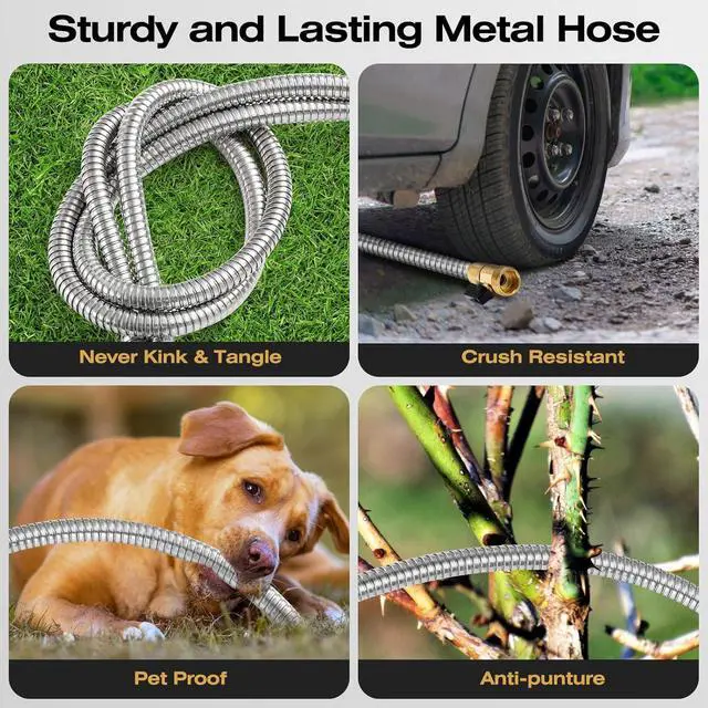 Alt view image 5 of 6 - Metal Garden Hose 60 FT, Stainless Steel Water Hose, Garden Hose Tough & Flexible, Lightweight, Crush Resistant Brass Fittings & Shut Off Valve, Kink & Tangle Free, Rust Proof (Silver, 60 FT)