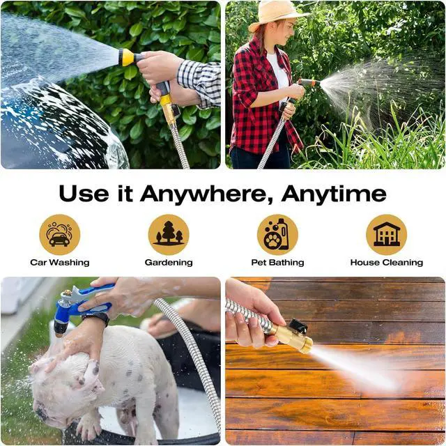 Alt view image 6 of 6 - Metal Garden Hose 60 FT, Stainless Steel Water Hose, Garden Hose Tough & Flexible, Lightweight, Crush Resistant Brass Fittings & Shut Off Valve, Kink & Tangle Free, Rust Proof (Silver, 60 FT)