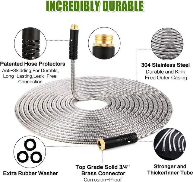 Alt view image 2 of 6 - Flexible Metal Garden Hose 100ft-Heavy Duty Water Hose with Durable 304 Stainless Steel and 10 Way Spray Nozzle-Strong 3/4'' Solid Brass Fitting-Outdoor Yard No Kink Lightweight Long Hose Pipe