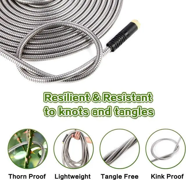 Alt view image 3 of 6 - Flexible Metal Garden Hose 100ft-Heavy Duty Water Hose with Durable 304 Stainless Steel and 10 Way Spray Nozzle-Strong 3/4'' Solid Brass Fitting-Outdoor Yard No Kink Lightweight Long Hose Pipe