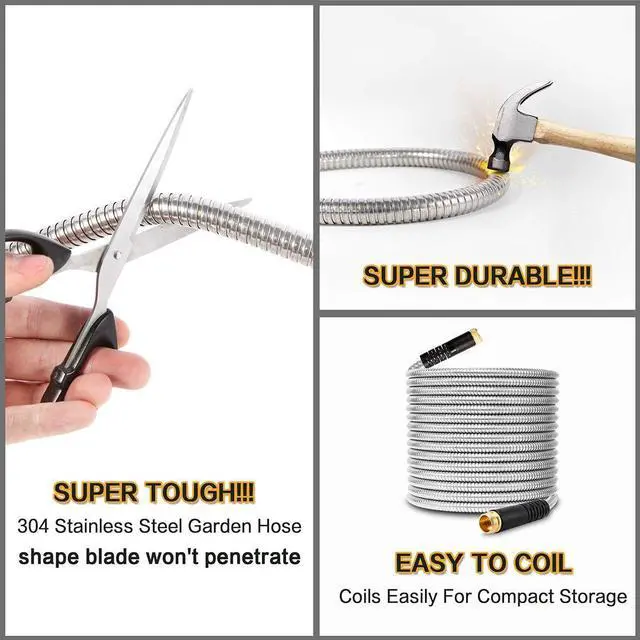 Alt view image 4 of 6 - Flexible Metal Garden Hose 100ft-Heavy Duty Water Hose with Durable 304 Stainless Steel and 10 Way Spray Nozzle-Strong 3/4'' Solid Brass Fitting-Outdoor Yard No Kink Lightweight Long Hose Pipe