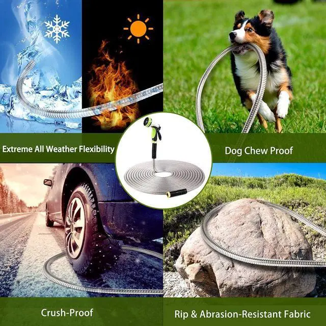Alt view image 6 of 6 - Flexible Metal Garden Hose 100ft-Heavy Duty Water Hose with Durable 304 Stainless Steel and 10 Way Spray Nozzle-Strong 3/4'' Solid Brass Fitting-Outdoor Yard No Kink Lightweight Long Hose Pipe