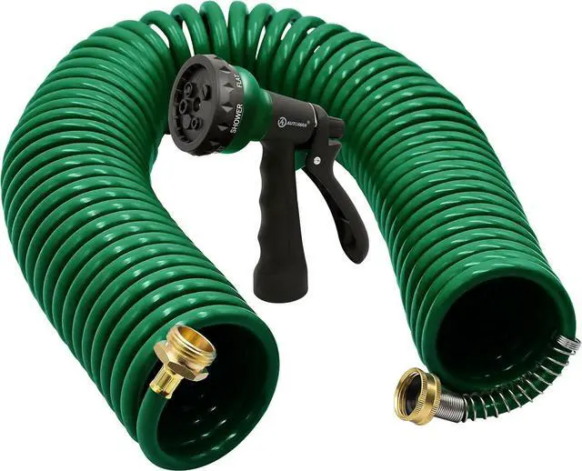 Main image of AUTOMAN Coil Garden Hose 50 ft, EVA Curly Water Hose with Brass Connectors, Recoil Garden Water Hose,Includes 7-Pattern Function Sprayer,Retractable,Corrosion Resistant Garden Coil Hose.