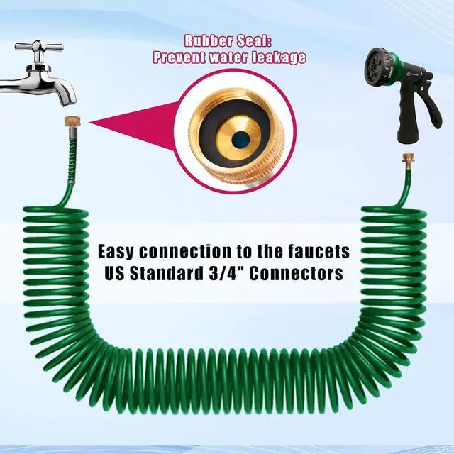 Alt view image 4 of 7 - AUTOMAN Coil Garden Hose 50 ft, EVA Curly Water Hose with Brass Connectors, Recoil Garden Water Hose,Includes 7-Pattern Function Sprayer,Retractable,Corrosion Resistant Garden Coil Hose.