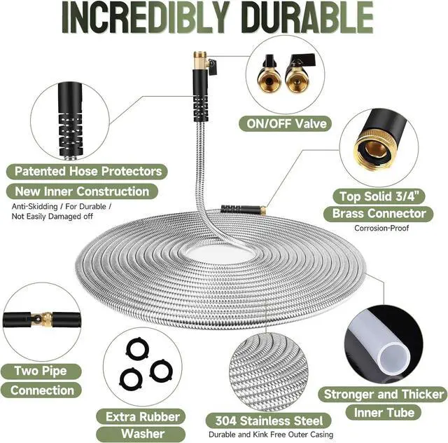 Alt view image 2 of 6 - Metal Garden Hose 75 ft Stainless Steel Water Hose Heavy Duty with 10 Way Nozzle-Flexible Lightweight Durable No Kink & Tangle Hoses Pipe Strong 3/4 Solid Brass Fitting for Outdoor Yard
