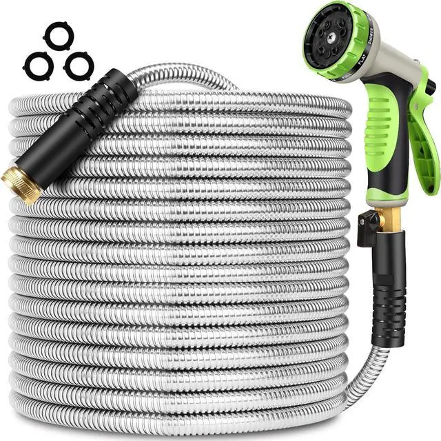 Main image of Metal Garden Hose 75 ft Stainless Steel Water Hose Heavy Duty with 10 Way Nozzle-Flexible Lightweight Durable No Kink & Tangle Hoses Pipe Strong 3/4 Solid Brass Fitting for Outdoor Yard