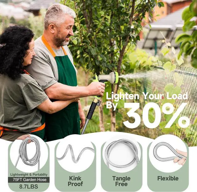 Alt view image 3 of 6 - Metal Garden Hose 75 ft Stainless Steel Water Hose Heavy Duty with 10 Way Nozzle-Flexible Lightweight Durable No Kink & Tangle Hoses Pipe Strong 3/4 Solid Brass Fitting for Outdoor Yard