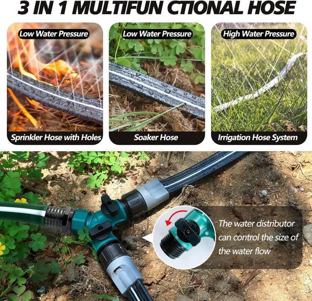 Alt view image 2 of 7 - Sprinkler Hose with Holes, Flat Soaker Hose 100 Ft (25 ft 4pack) with Garden Staples and Splitters, Watering Drip Irrigation Hoses for Lawn, Vegetable and Garden Beds (100 ft)