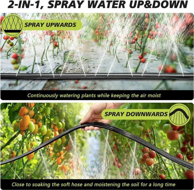 Alt view image 3 of 7 - Sprinkler Hose with Holes, Flat Soaker Hose 100 Ft (25 ft 4pack) with Garden Staples and Splitters, Watering Drip Irrigation Hoses for Lawn, Vegetable and Garden Beds (100 ft)