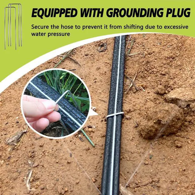 Alt view image 4 of 7 - Sprinkler Hose with Holes, Flat Soaker Hose 100 Ft (25 ft 4pack) with Garden Staples and Splitters, Watering Drip Irrigation Hoses for Lawn, Vegetable and Garden Beds (100 ft)