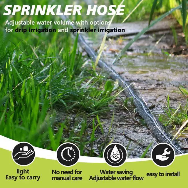 Alt view image 6 of 7 - Sprinkler Hose with Holes, Flat Soaker Hose 100 Ft (25 ft 4pack) with Garden Staples and Splitters, Watering Drip Irrigation Hoses for Lawn, Vegetable and Garden Beds (100 ft)