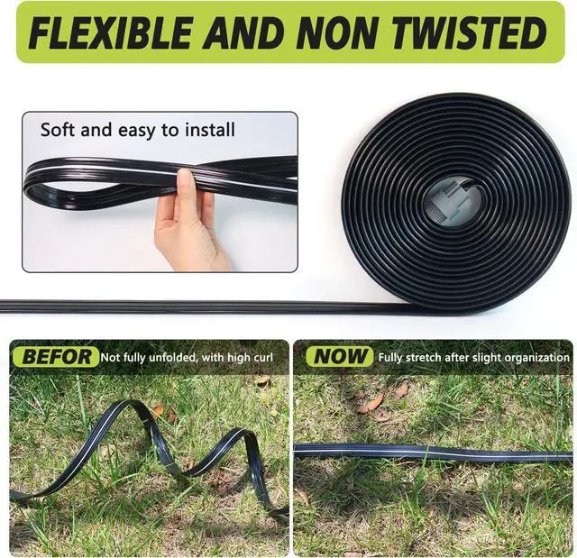 Alt view image 7 of 7 - Sprinkler Hose with Holes, Flat Soaker Hose 100 Ft (25 ft 4pack) with Garden Staples and Splitters, Watering Drip Irrigation Hoses for Lawn, Vegetable and Garden Beds (100 ft)