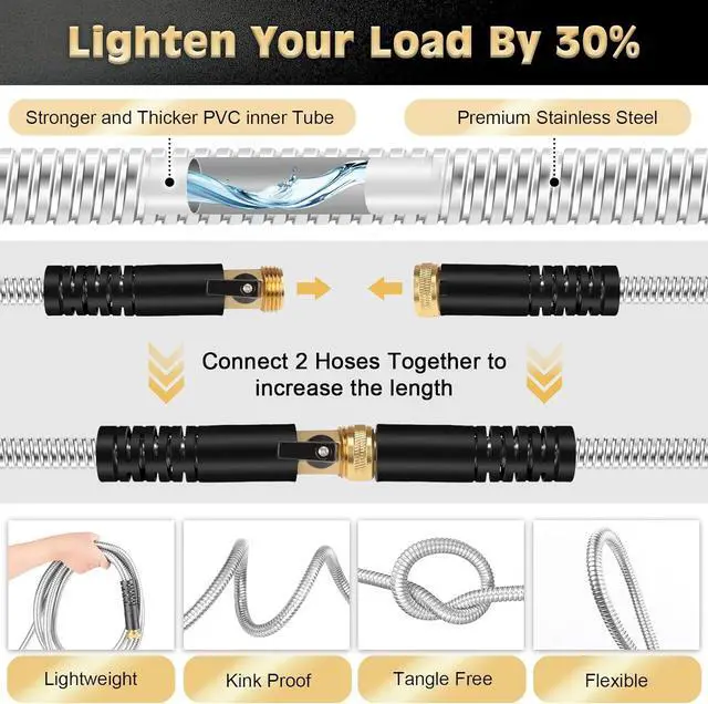 Alt view image 3 of 6 - Metal Garden Hose 25FT Stainless Steel Heavy Duty Flexible Lightweight Water Hoses Pipe with 10-Function Spray Nozzle and 3/4" Solid Brass Fittings No Kink Durable for Outdoor Yard & Lawn