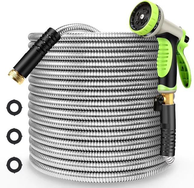 Main image of Metal Garden Hose 25FT Stainless Steel Heavy Duty Flexible Lightweight Water Hoses Pipe with 10-Function Spray Nozzle and 3/4" Solid Brass Fittings No Kink Durable for Outdoor Yard & Lawn