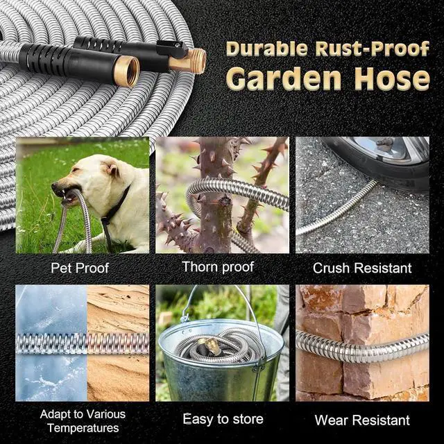 Alt view image 4 of 6 - Metal Garden Hose 25FT Stainless Steel Heavy Duty Flexible Lightweight Water Hoses Pipe with 10-Function Spray Nozzle and 3/4" Solid Brass Fittings No Kink Durable for Outdoor Yard & Lawn