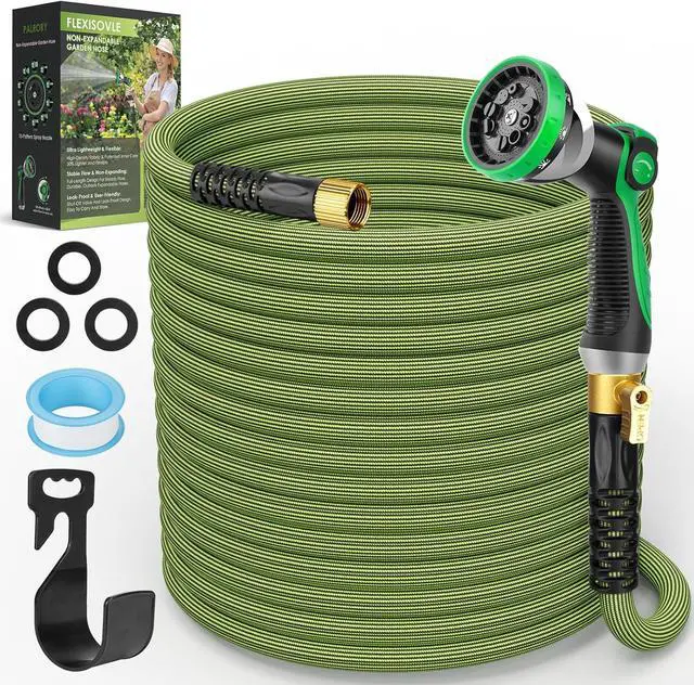 Main image of Non-Expandable Garden Hose 50 ft, Ultra Lightweight Flexible Water Hose with 10-Pattern Nozzle, Kink-Resistant, Leak-Proof, High-Density Fabric, Thickened Connector, Shut-Off Valve & Holder