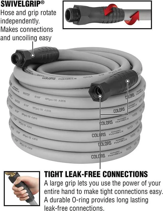 Alt view image 2 of 7 - Flexzilla Colors SwivelGrip® Garden Hose, 5/8" x 100', 3/4" - 11 1/2 GHT Fittings, Slate Grey