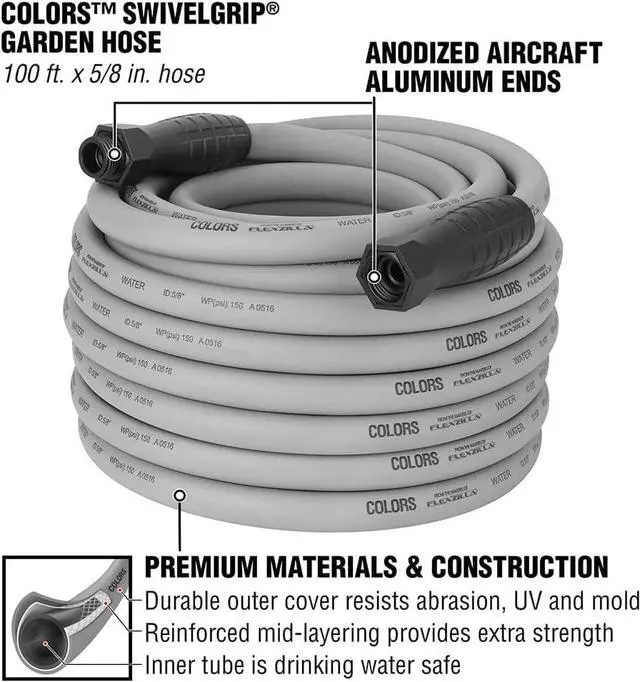 Alt view image 3 of 7 - Flexzilla Colors SwivelGrip® Garden Hose, 5/8" x 100', 3/4" - 11 1/2 GHT Fittings, Slate Grey