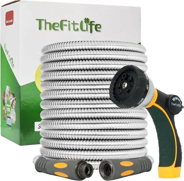 Main image of TheFitLife Flexible Metal Garden Hose - 50 FT Lightweight Stainless Steel Water Hose with Solid Fittings and Sprayer Nozzle - Leak Proof, Kink Free, Anti-rust, Large Diameter, Durable and Easy Storage