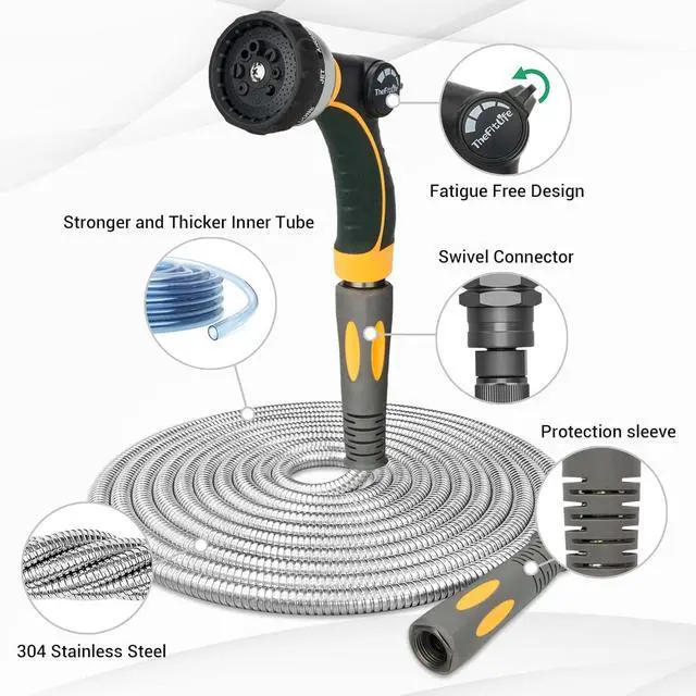 Alt view image 2 of 6 - TheFitLife Flexible Metal Garden Hose - 50 FT Lightweight Stainless Steel Water Hose with Solid Fittings and Sprayer Nozzle - Leak Proof, Kink Free, Anti-rust, Large Diameter, Durable and Easy Storage