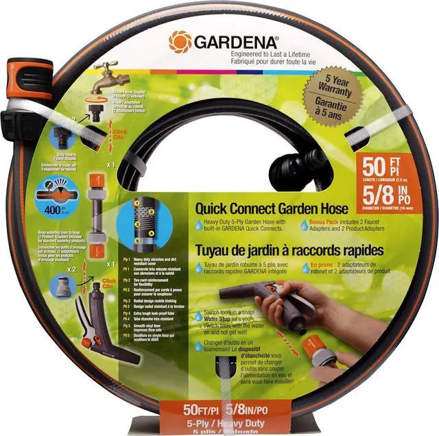 Main image of GARDENA (39000) 50 Foot 5/8" Heavy-Duty Quick Connect Hose, Heavy-Duty 5-Ply Design, Includes Quick Connectors and Adadpters, Kink-Resistant